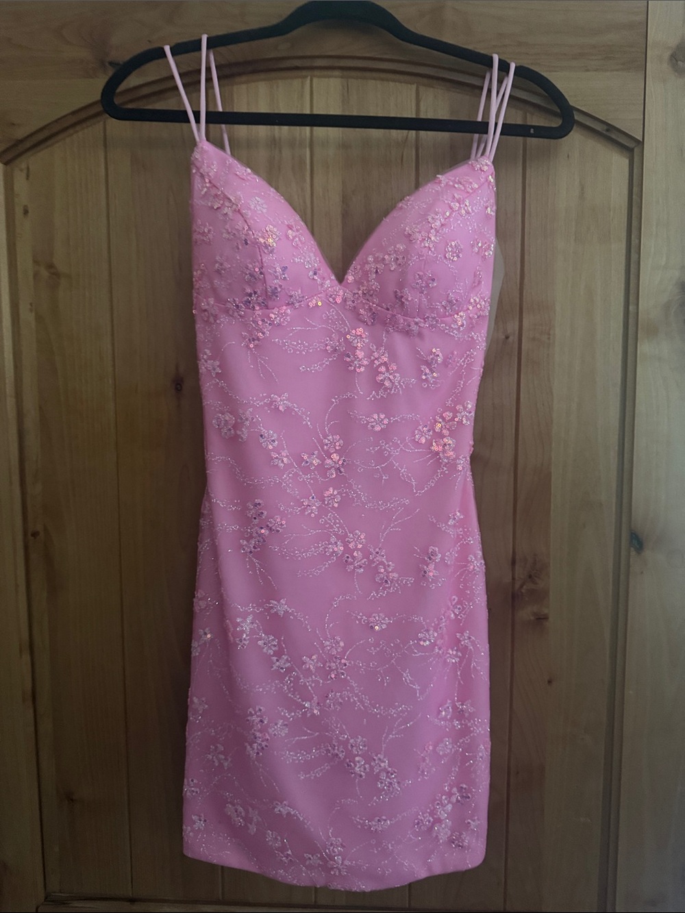 Embellished Pink Spaghetti-Strap Mini Dress